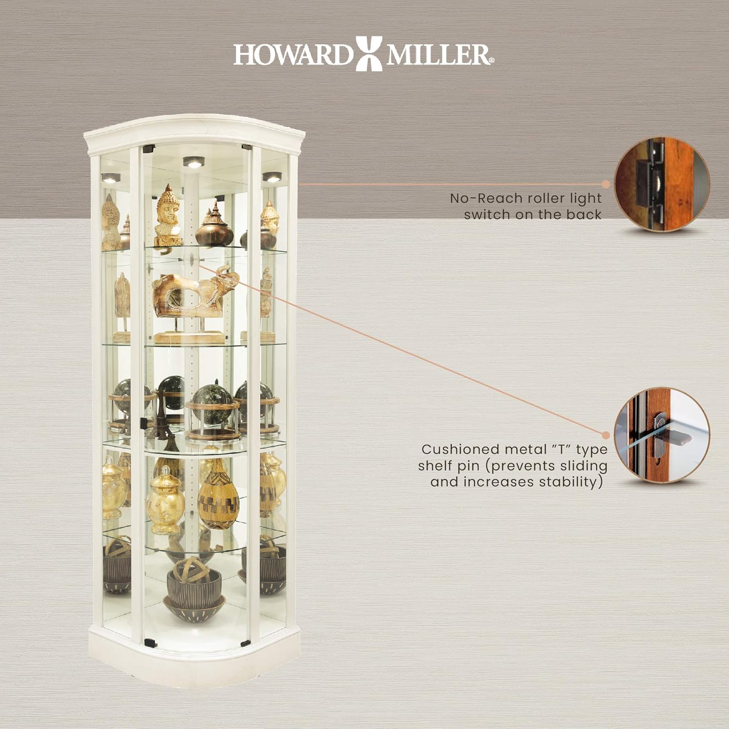 Howard Miller Marlowe IV Corner Curio Cabinet, Aged Linen Finish, Four Glass Shelves U552