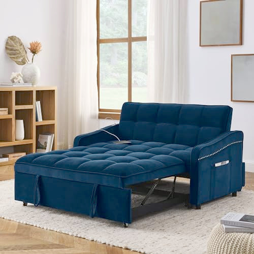 57.1" Convertible Sofa Bed, 3 in 1 Multi-Functional Lounge Chair Sleeper Loveseat , Pull Out Couch Guest Bed Futon Sofabed Sofacama with Adjustable Backrest and Side Pockets for Living Room Office
