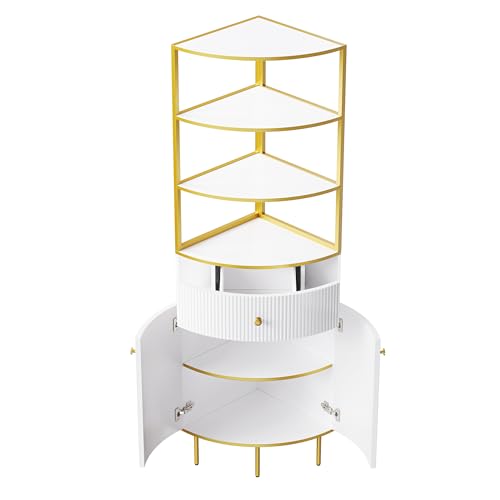 Modern Tall Corner Cabinet with Storage, White and Gold Metal Frame M43487