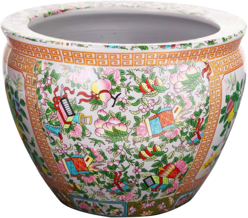 Floral Asian Cachepot Planter with Rose Medallion Painting 10" O233