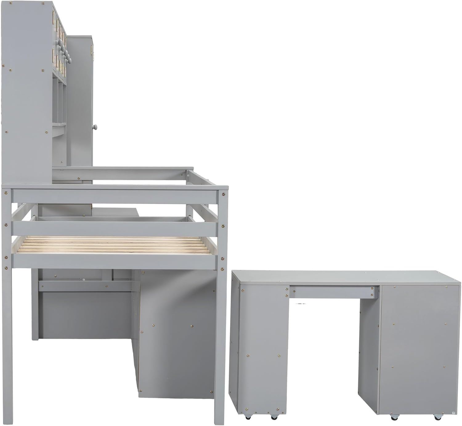 Twin Size Loft Bed for Kids with Desk, Storage Stairs and Wardrobe, Gray P5870