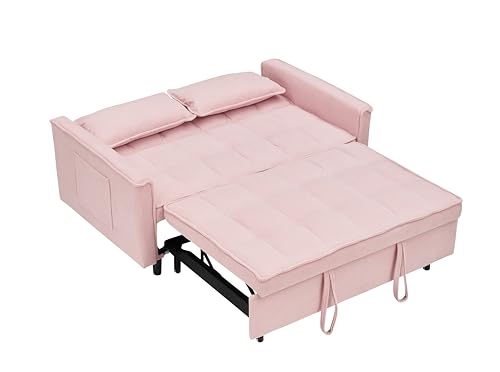 Corduroy Pull-Out Sofa Bed with Side Pockets, Beige D24389