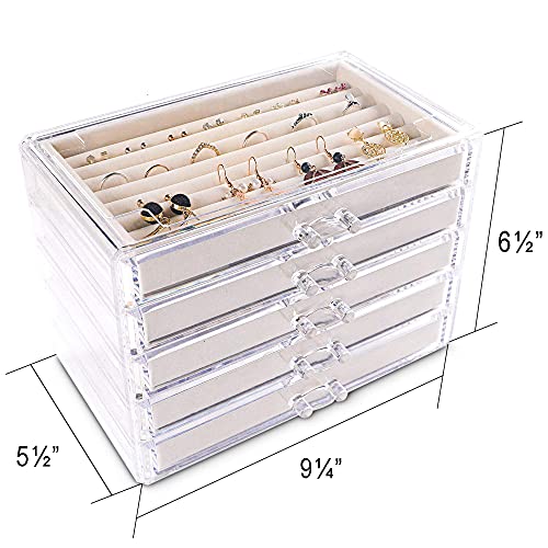 Frebeauty Extra Large Acrylic Jewelry Box 5 Layers Clear Organizer with 5 Drawers Purple C308