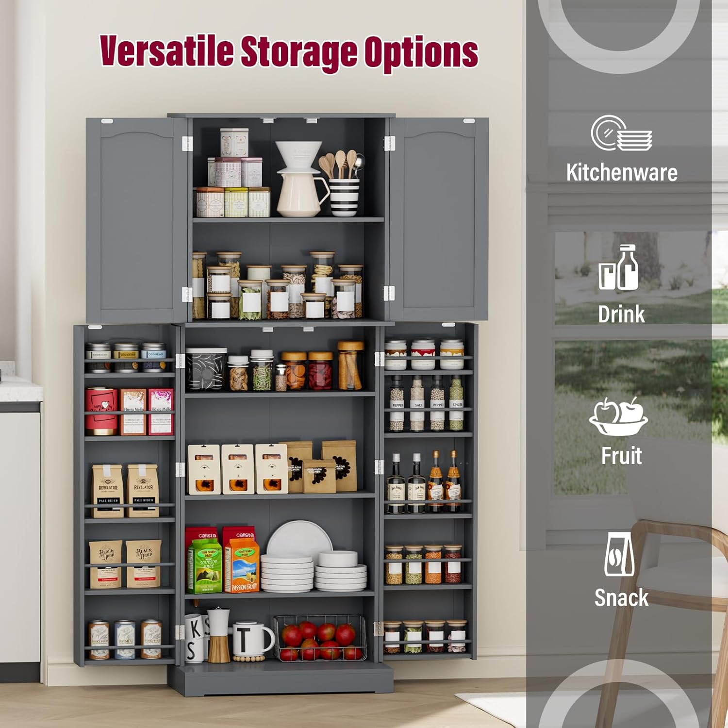HOME BI 64" Kitchen Pantry Cabinet with Doors and Shelves, Gray Z47661