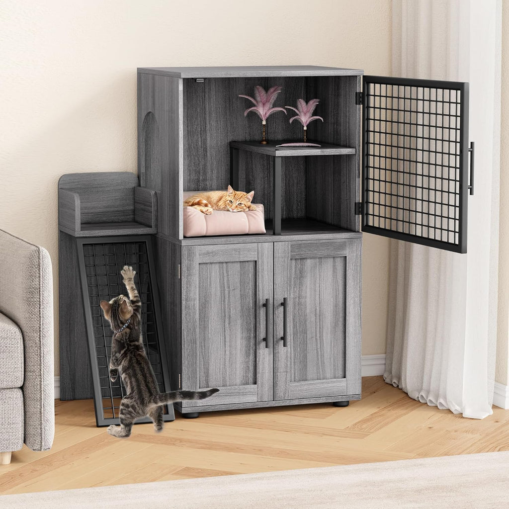 Towallmark Modern Villa Cat Litter Box Enclosure with Platform, Large Cat Cabinet, Wax Wood E336