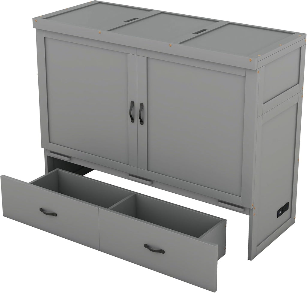 Queen Size Murphy Bed with USB Port & Storage Drawer, Gray X32665