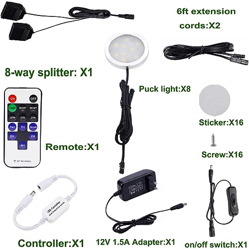 AIBOO Kitchen Under Cabinet LED Puck Lights 8 Pack Dimmable with Remote 6000K F601