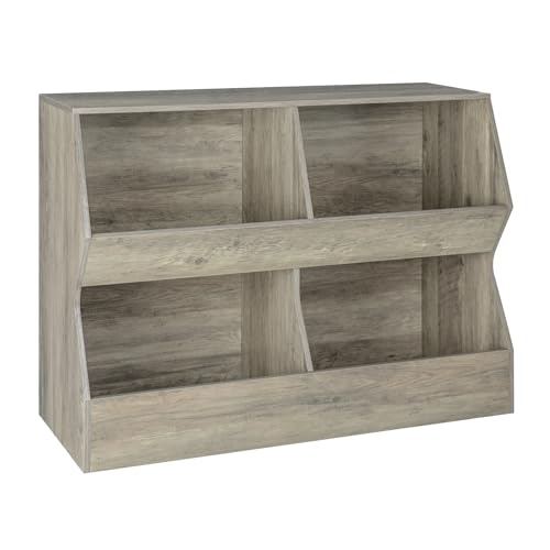 DINZI LVJ Kids Bookshelf, Toy Storage Organizer, Wooden Toy Storage Cabinet, 4 Cubby Children Bookcase, Toddler Book Toy Shelf for Bedroom, Nursery, Hallway, School, 31.5" Long, Greige