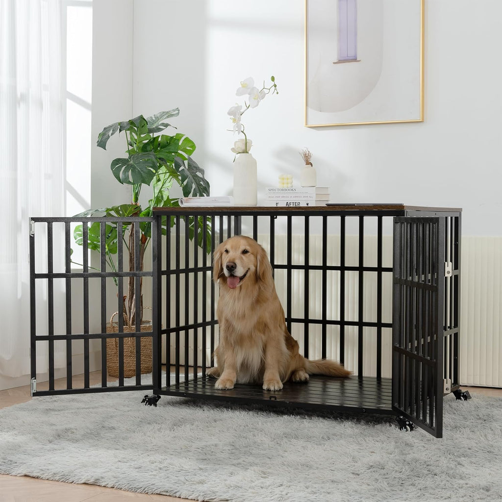 Heavy Duty Dog Crate for Large Medium Dogs with Lockable Wheels T450