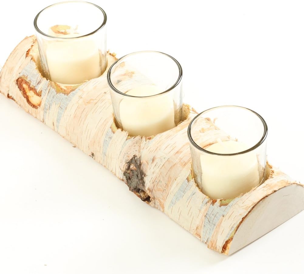 Koyal Wholesale Birch Wedding 10-Inch Log Candle Holder with 3 Glass Holders H752