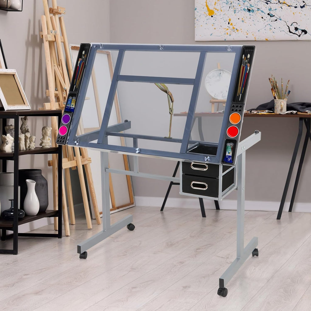 Height Adjustable Drafting Table with Storage Drawers and Wheels L24262