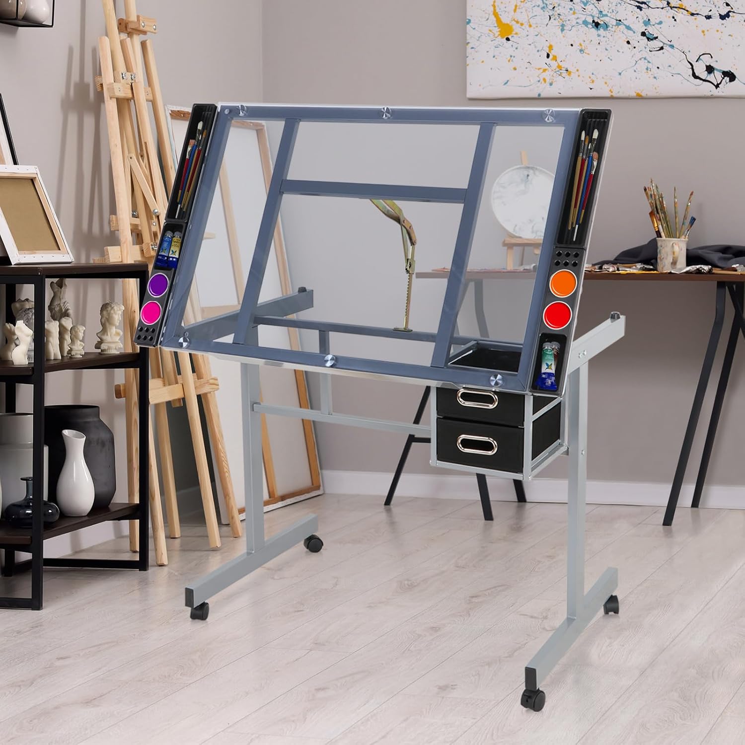 Height Adjustable Drafting Table with Storage Drawers and Wheels L24262