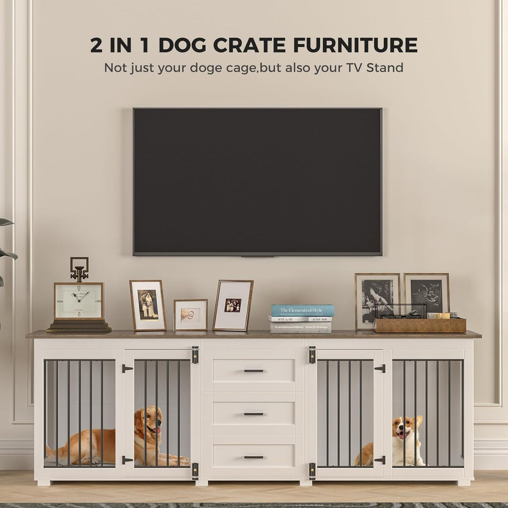 Large Dog Crate Furniture for 2 Dogs, Wooden Double Kennel with 3 Drawers, White Z887