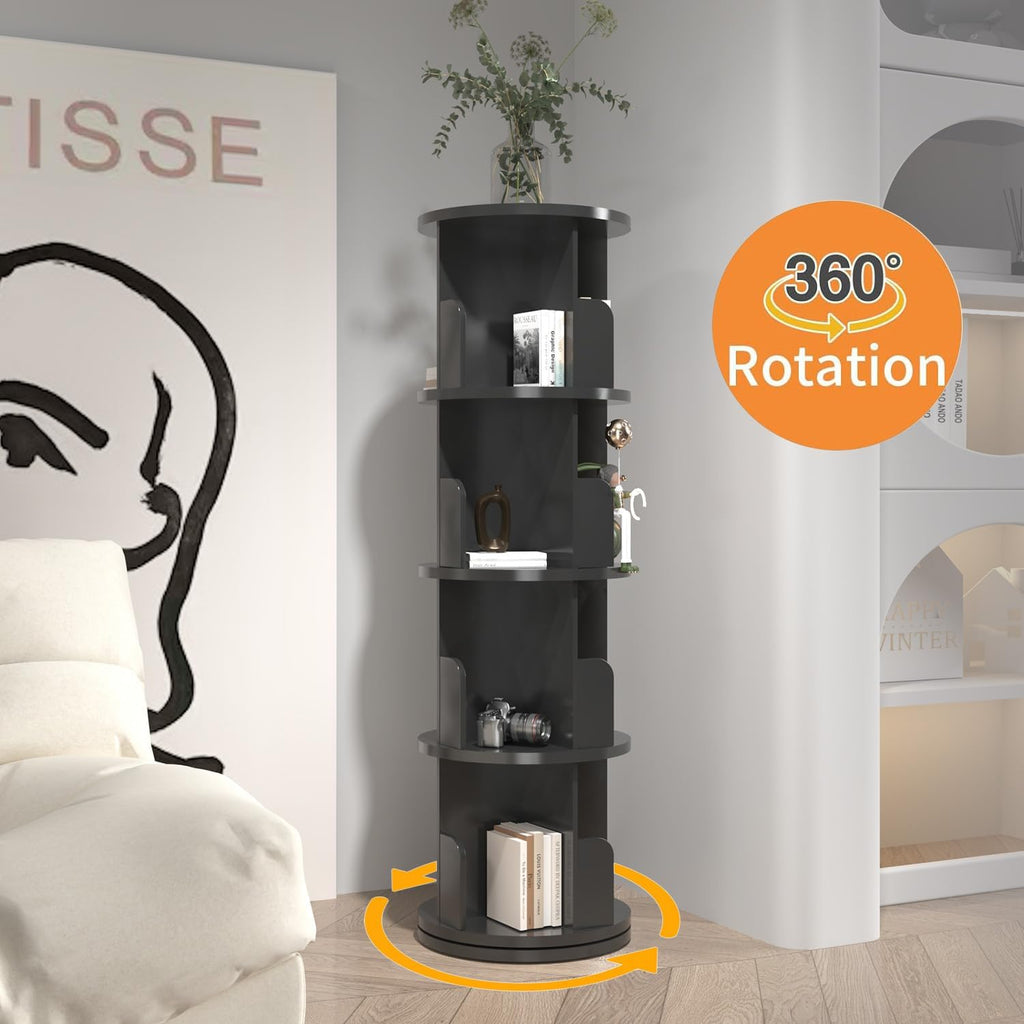 DMAITH Rotating Bookshelf 360° Display Corner Bookcase 4 Tier Wood Storage Rack, Black A31508