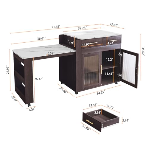 HLR Extendable Kitchen Island on Wheels with Power Outlet, Marble Grain Top G387582