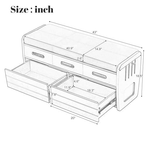 Rustic Wooden Storage Bench with 2 Drawers and Cushion, White O766