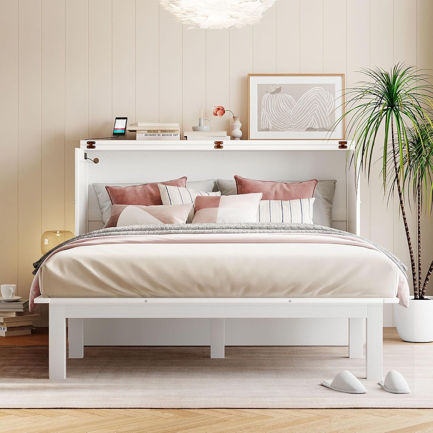 Queen Size Murphy Bed with USB Port & Removable Shelves, White X615961