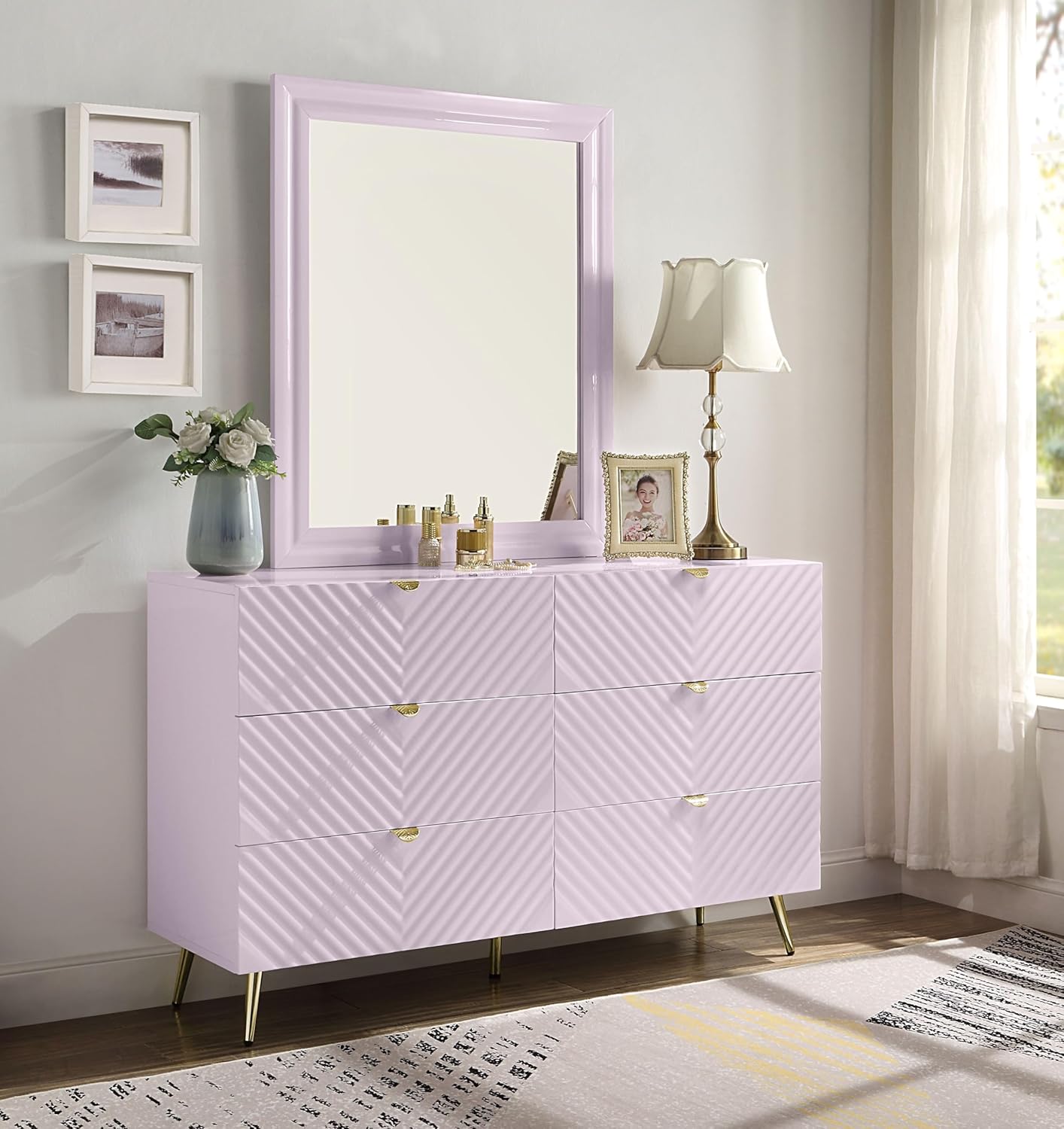 Acme Gaines 6-Drawer Pink High Gloss Wood/Metal Dresser D82099