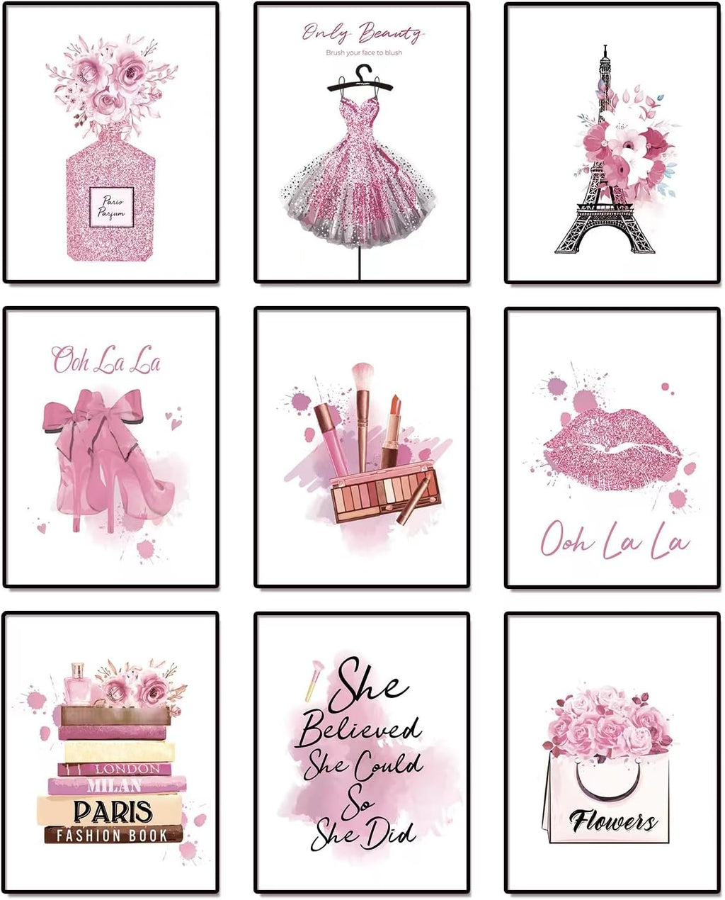 DRBLUEB Pink Flower Perfume Fashion Paris Wall Art Prints Set of 9 High Heels Lipstick Dress Wall Pictures Art Posters Wall Decor for Girls Bedroom Makeup Art Women Room 8''x10'' UNFRAMED, LXM0004-2