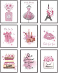 DRBLUEB Pink Flower Perfume Fashion Paris Wall Art Prints Set of 9 High Heels Lipstick Dress Wall Pictures Art Posters Wall Decor for Girls Bedroom Makeup Art Women Room 8''x10'' UNFRAMED, LXM0004-2