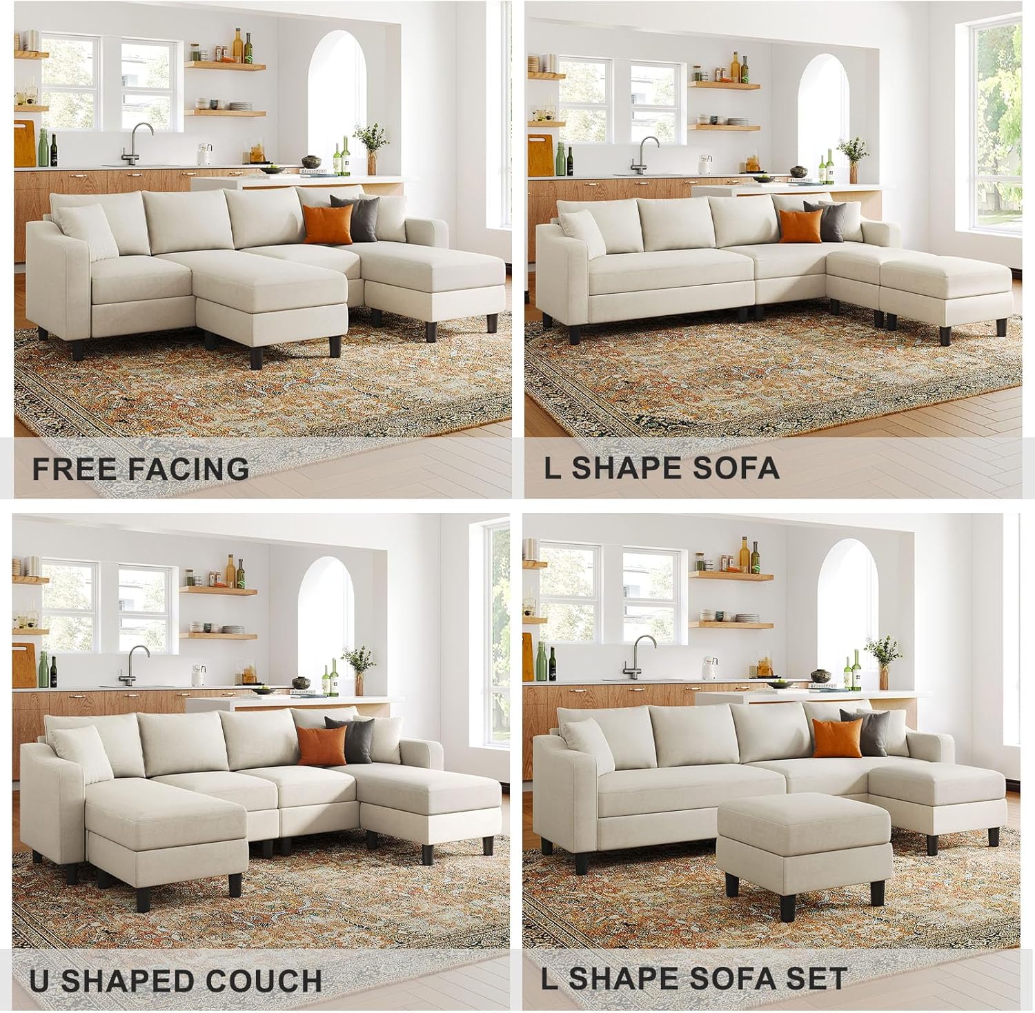 Belffin U Shaped Sectional Sofa Velvet with Reversible Chaises and Ottomans, Beige P2819