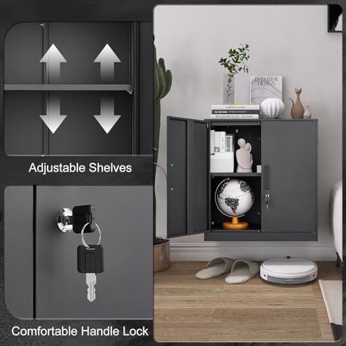 Metal Wall Cabinet with 2 Doors and Lock, 27.95" H, Black & Grey M850649