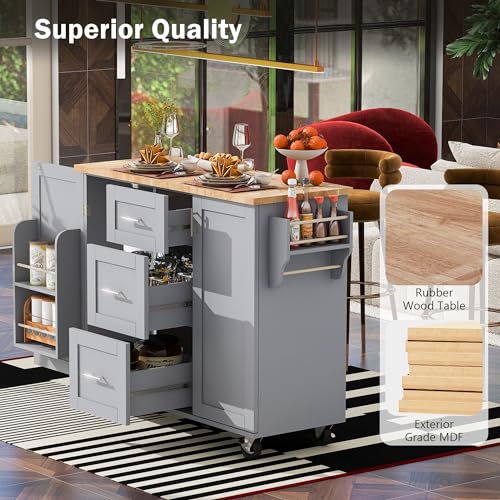 Kitchen Cart with Wood Drop-Leaf Countertop, Kitchen Island on Wheels, Black A523