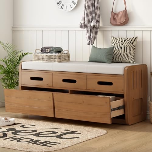 Rustic Wooden Storage Bench with 2 Drawers and Cushion, White O766