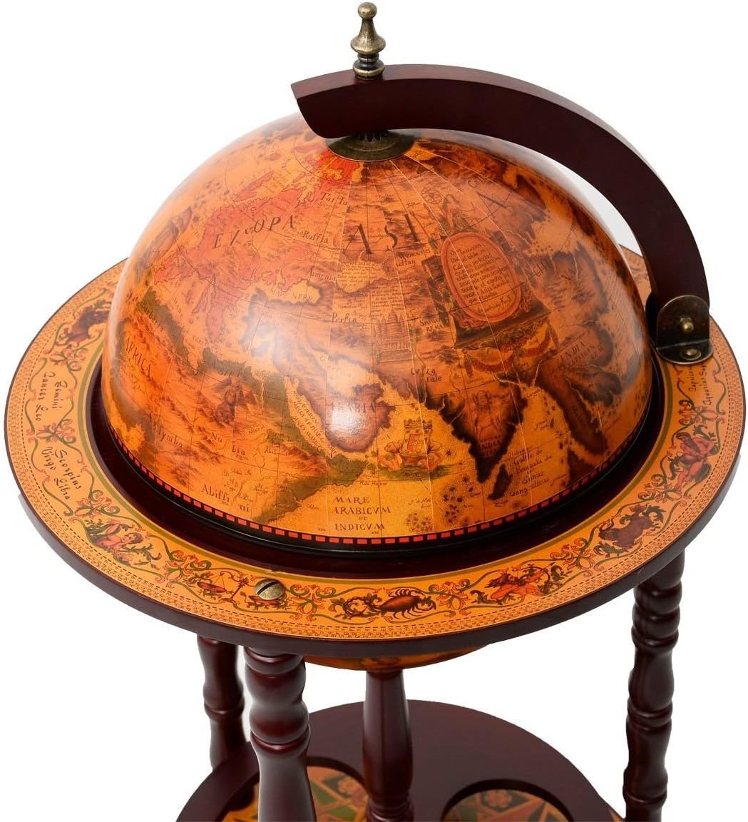 36 Inches Vintage Italian Wood Globe Bar Shelf with Wheels I36734