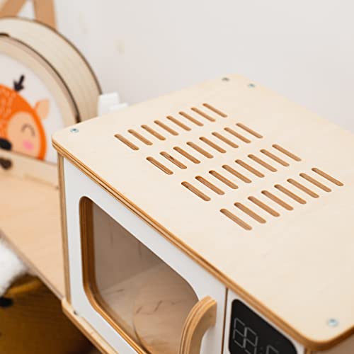 Wooden Kids Microwave Oven Montessori Toy for Toddler Play Kitchen Natural Wood Nursery Decor (Dark Walnut) J582