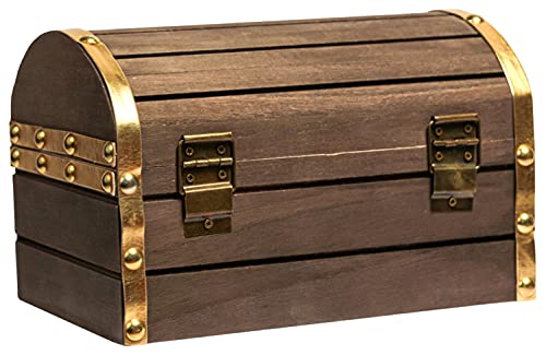 Wood and Leather Treasure Chest Jewelry Box with Latch, Vintage Handmade, Darker Brown and Gold O1543