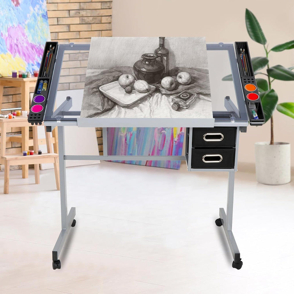 Height Adjustable Drafting Table with Storage Drawers and Wheels L24262