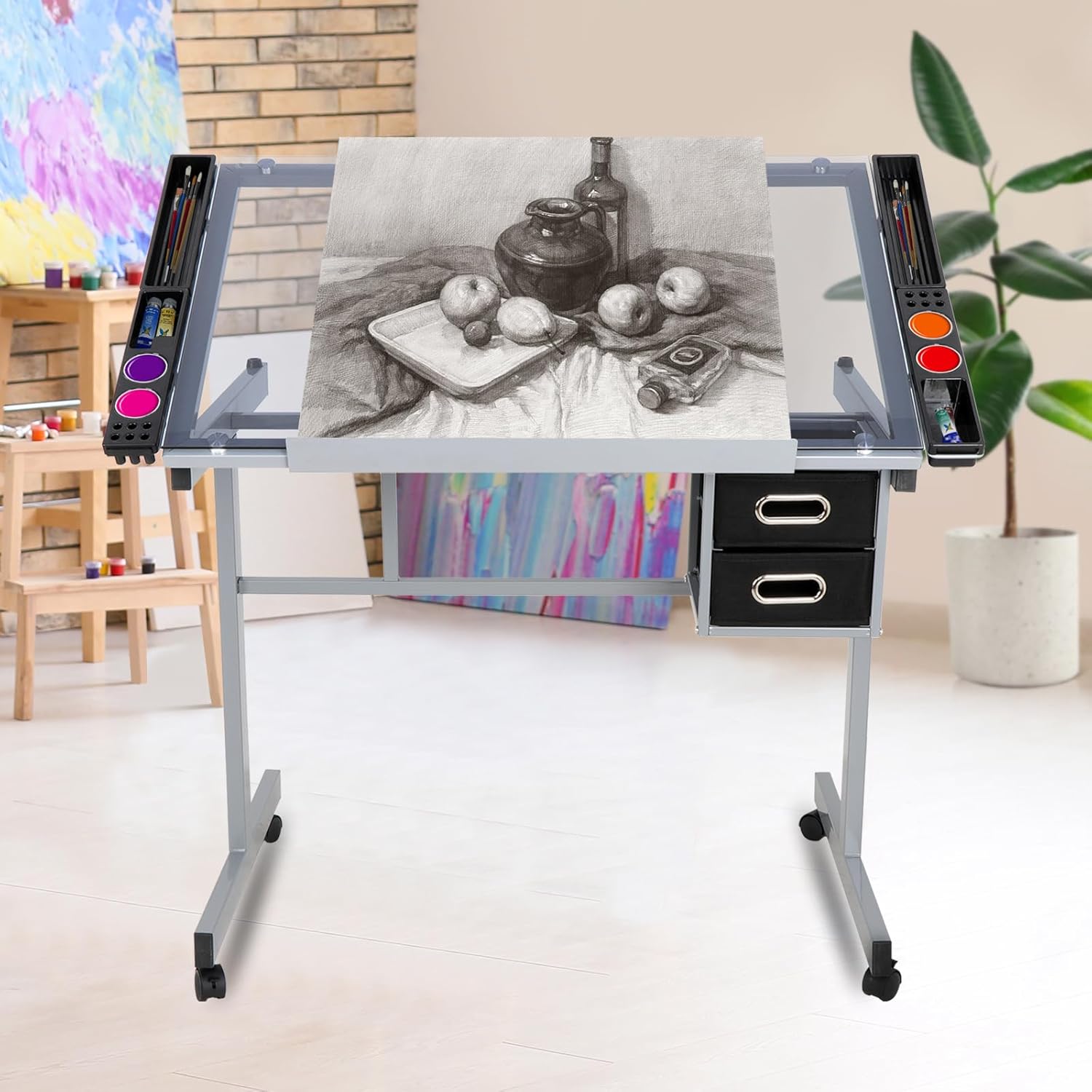 Height Adjustable Drafting Table with Storage Drawers and Wheels L24262