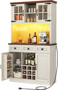 DWVO Coffee Bar Cabinet with Power Outlet/Lights, 72" Farmhouse Pantry Cabinet with Storage Shelves and 3 Drawers, Tall Liquor Cabinet Bar Cabinets for Home/Living Room, Antique White