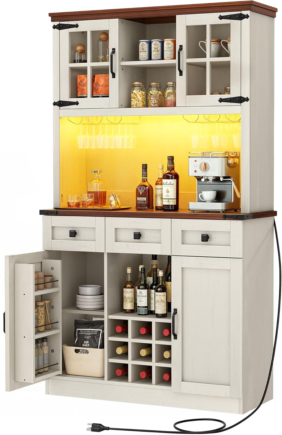 DWVO Coffee Bar Cabinet with Power Outlet/Lights, 72" Farmhouse Pantry Cabinet with Storage Shelves and 3 Drawers, Tall Liquor Cabinet Bar Cabinets for Home/Living Room, Antique White