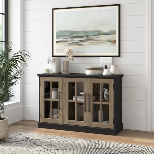 Bush Furniture Westbrook 46W Sideboard Cabinet with Glass Doors in White Ash | Storage Credenza for Dining Room or Kitchen Area