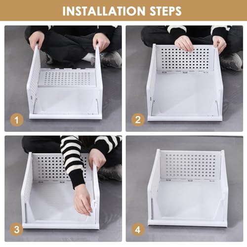 Stackable Plastic Storage Basket Foldable Closet Organizer White Large E203171