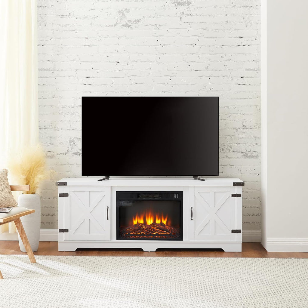 Modern Farmhouse TV Media Stand with Fireplace Insert, White E241