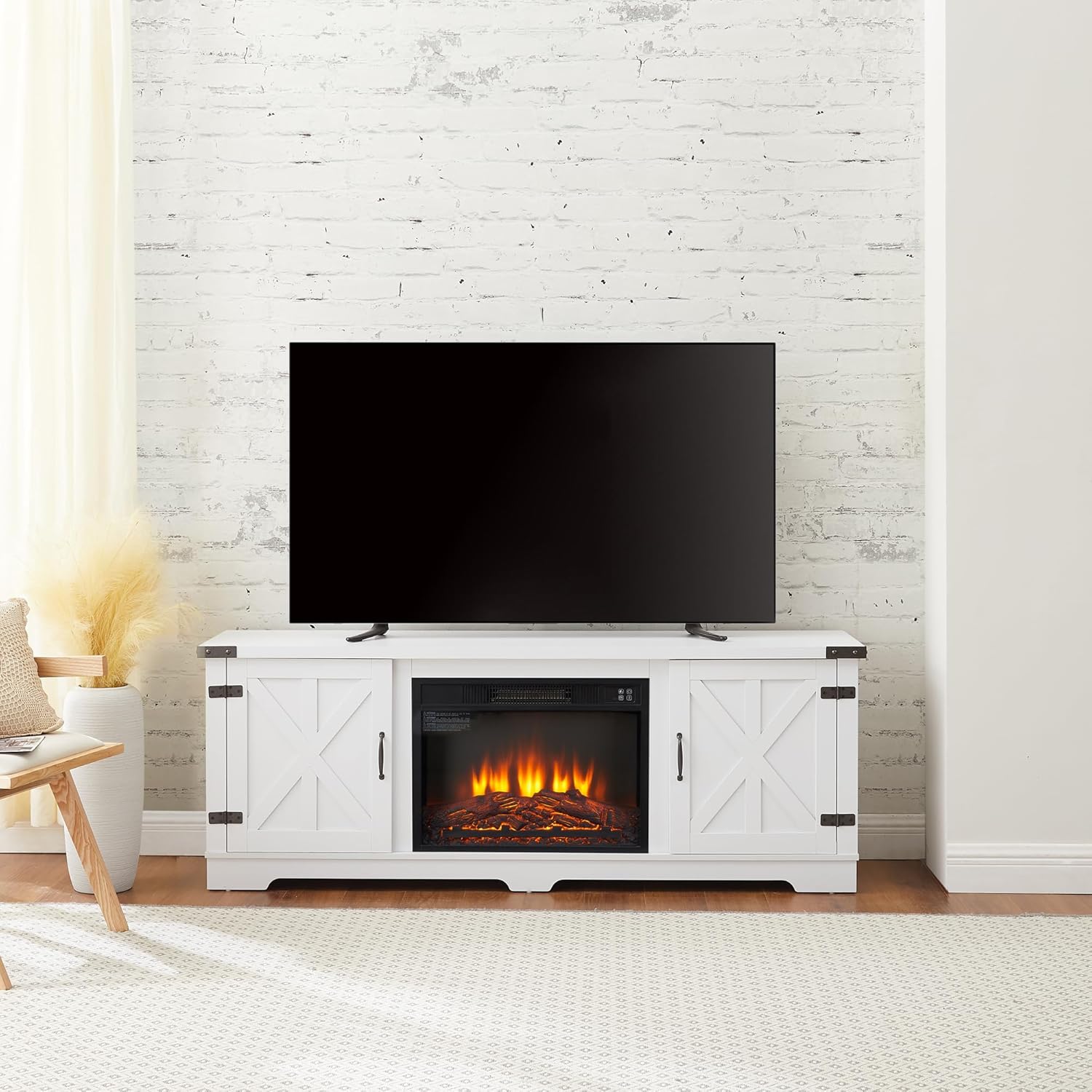 Modern Farmhouse TV Media Stand with Fireplace Insert, White E241
