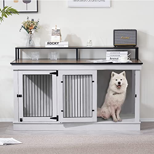 MCombo Large Dog Crate Furniture TV Stand, Wooden Kennel with Double Doors, Brown E528745