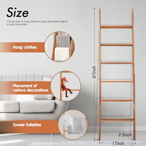6-Tier Wooden Blanket Ladder with Anti-Slip, Rustic Farmhouse Towel Rack B2758