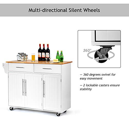 Giantex Kitchen Island Cart with Lockable Castors, 2 Drawers, 3 Door Cabinet, White F858