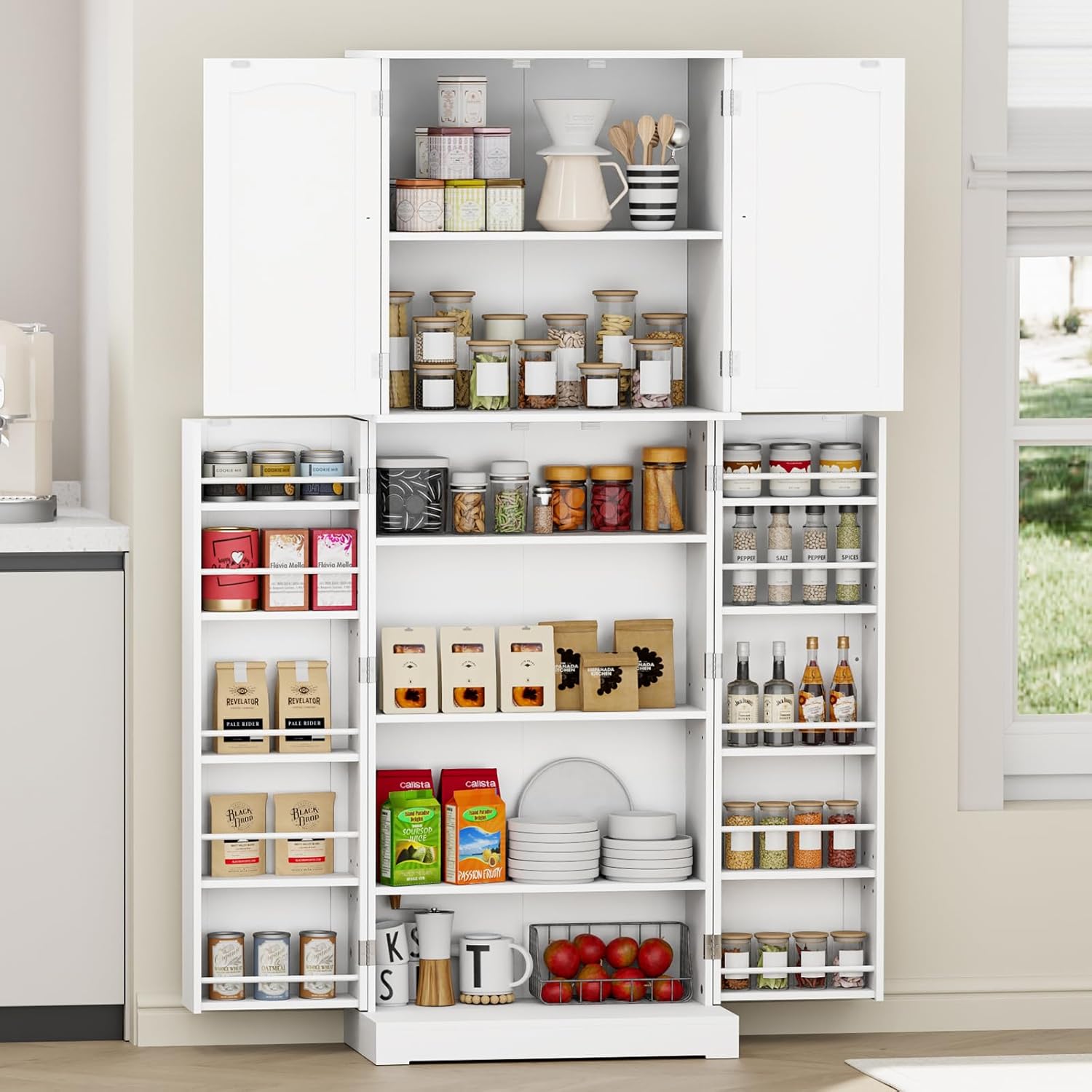 HOME BI 64" Kitchen Pantry Cabinet, Tall Freestanding Pantry Storage Cabinet, Food Pantry Cabinets with Doors and Shelves for Home Kitchen, Dining Room, Living Room, White