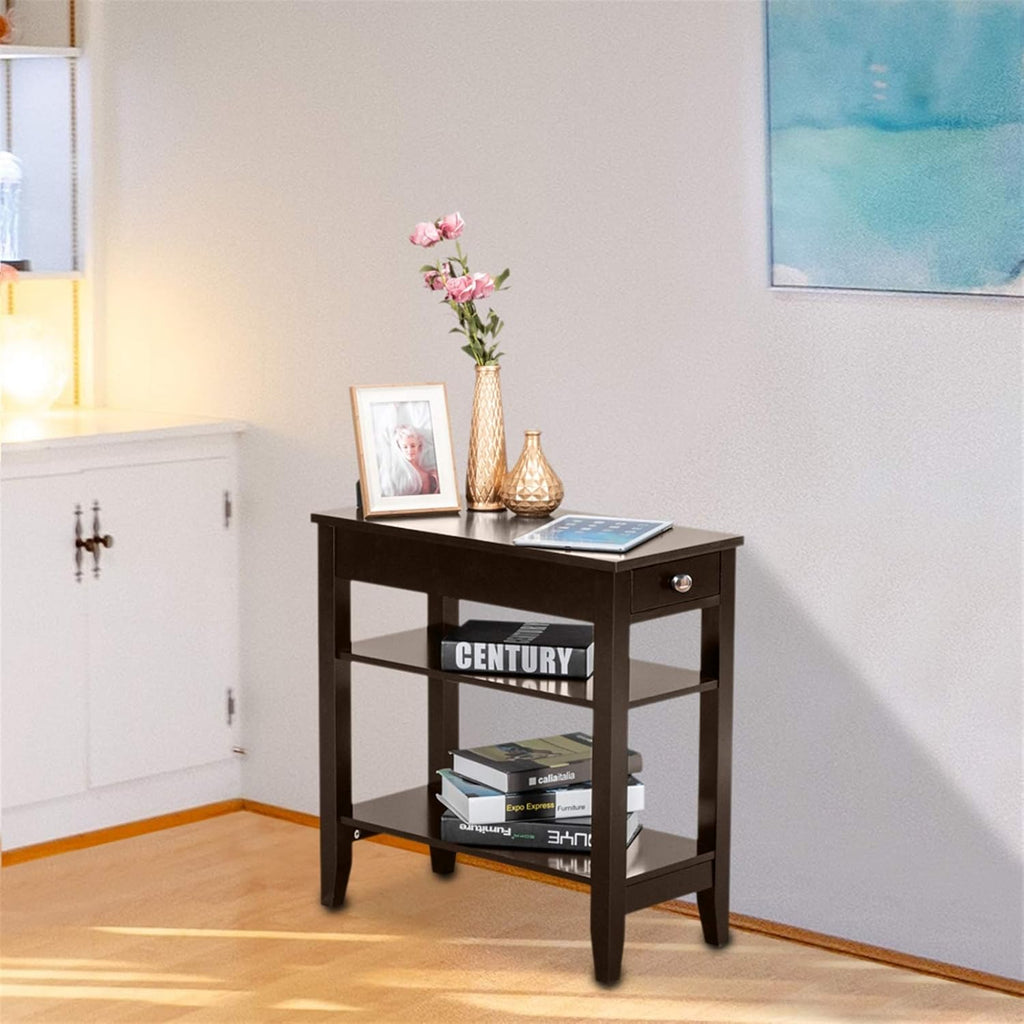 Brown End Table with Drawer and 2-Tier Storage Shelves T491