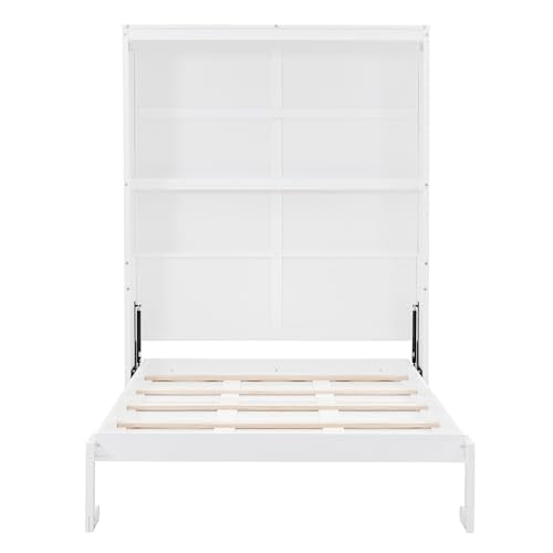 Queen Murphy Bed Folded to Wall Wooden Cabinet Bed with Cushion, White C177