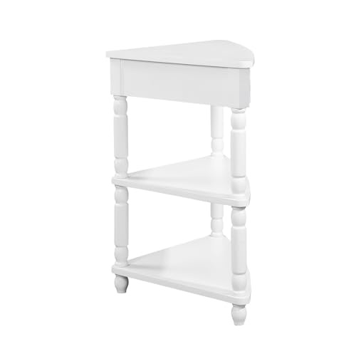 3-Tier Corner Shelf with Drawer, Solid Wood Legs, White H302312