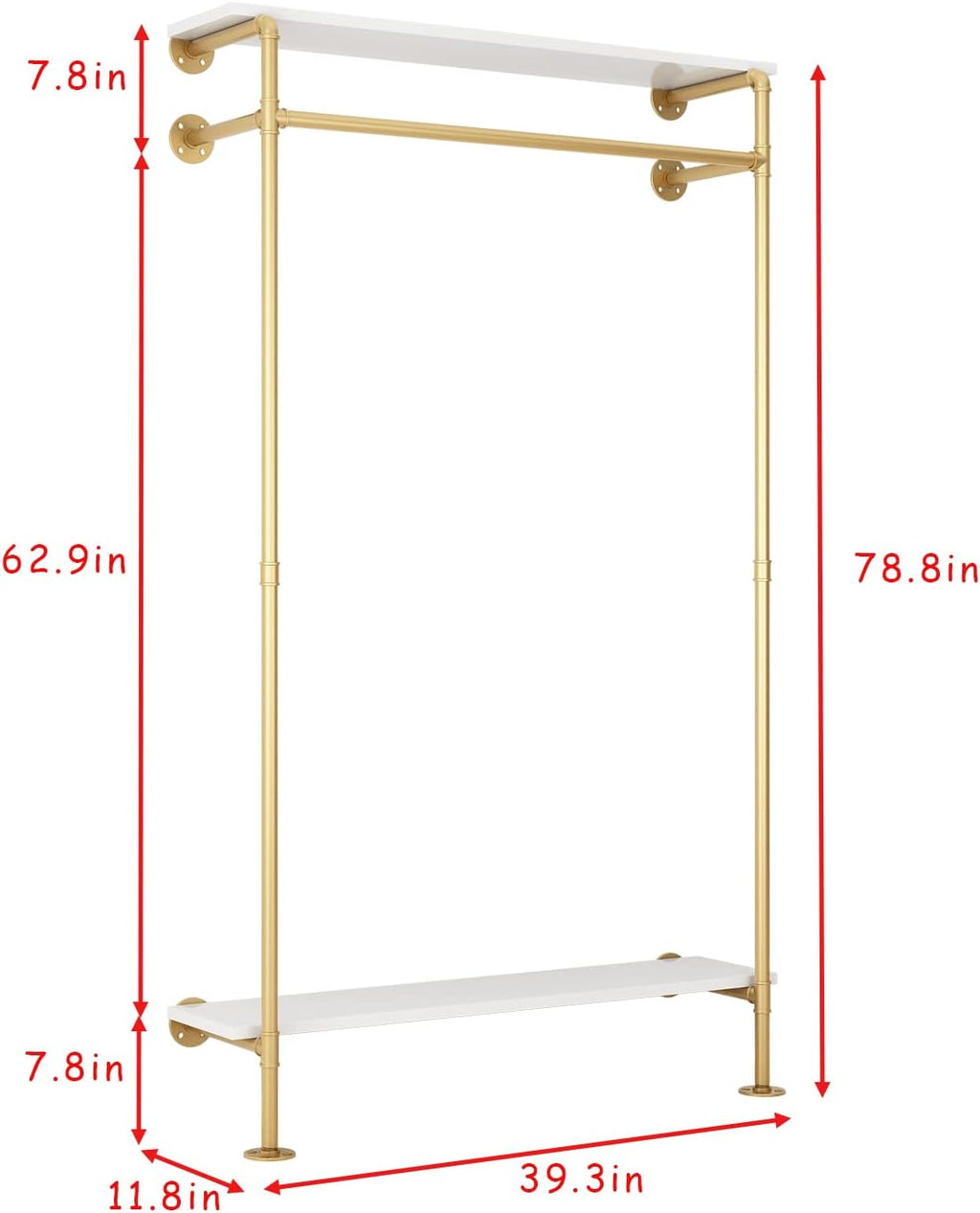 HOMEKAYT Industrial Wall Mounted Clothing Rack with 2-Tier Wooden Shelves, Gold Y32039