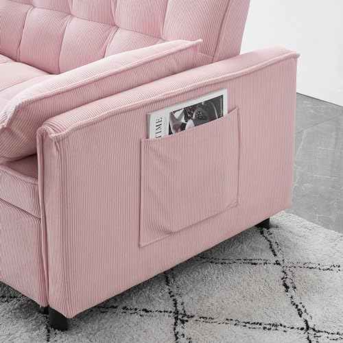 Corduroy Pull-Out Sofa Bed with Side Pockets, Beige D24389