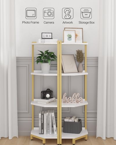 4-Tier White Gold Corner Bookshelf with Metal Frame R918