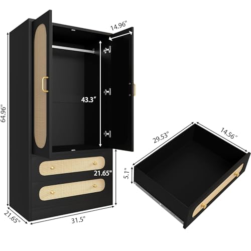 2 Door Rattan Wood Wardrobe with Drawers & Hanging Rail, Black A31157